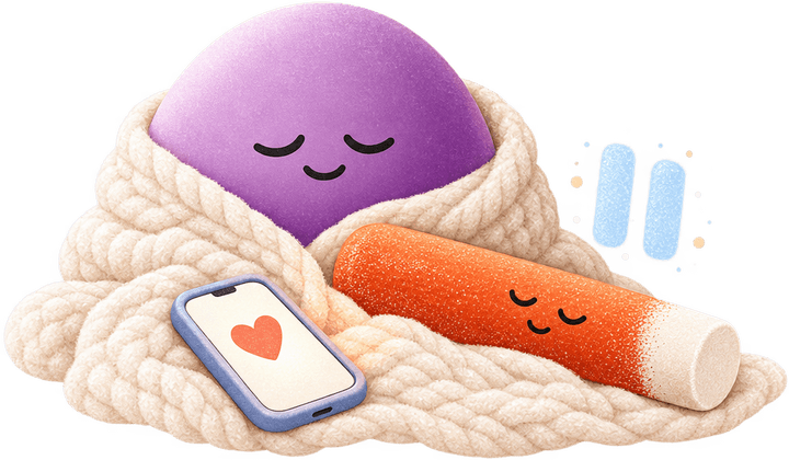 A learner wrapped in a blanket beside a paused Chalk and a phone showing a heart